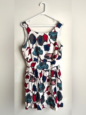 Cooperative White Midi Dress with Red, Blue, Teal & Gray Abstract Print